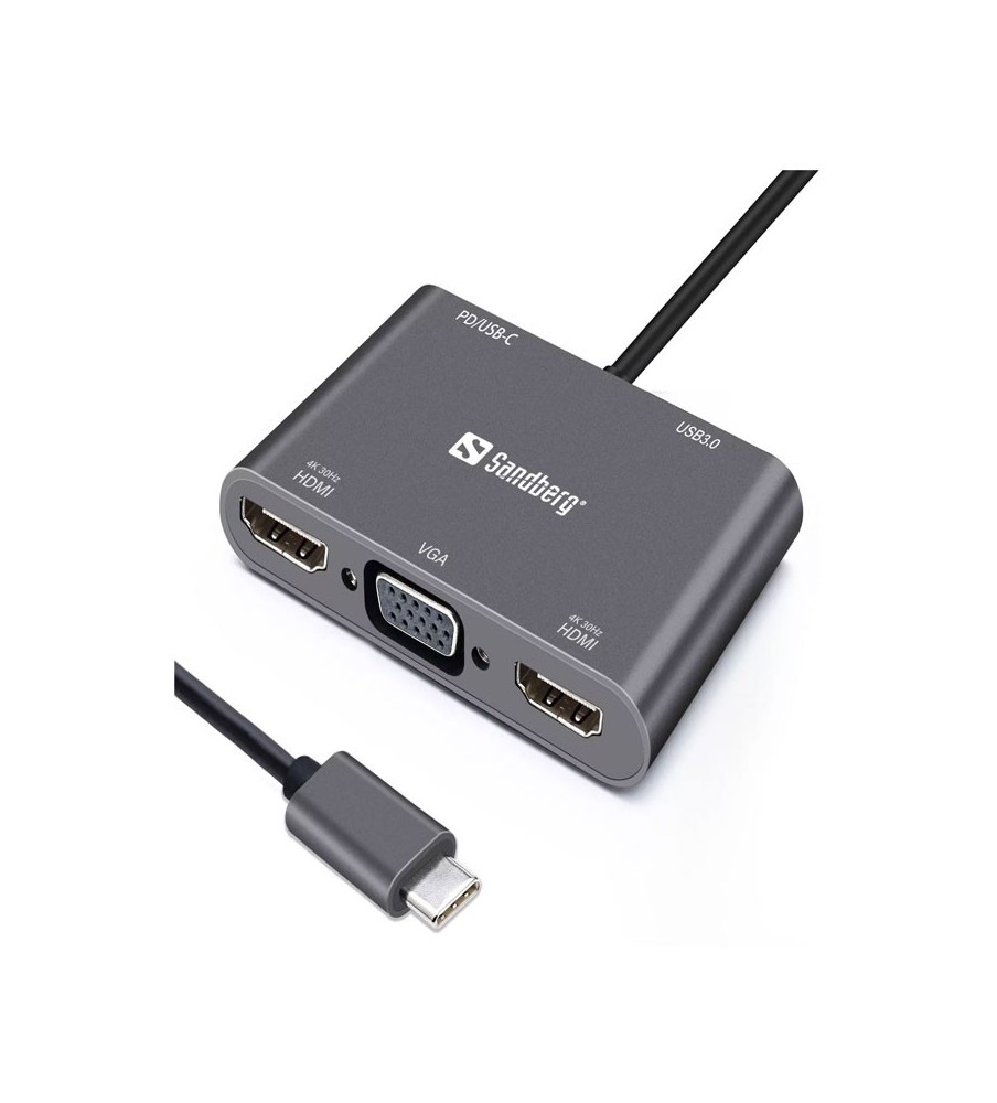 Station d'accueil SANDBERG Dock USB-C 2XHDMI+1XVGA+USB+PD - Gris