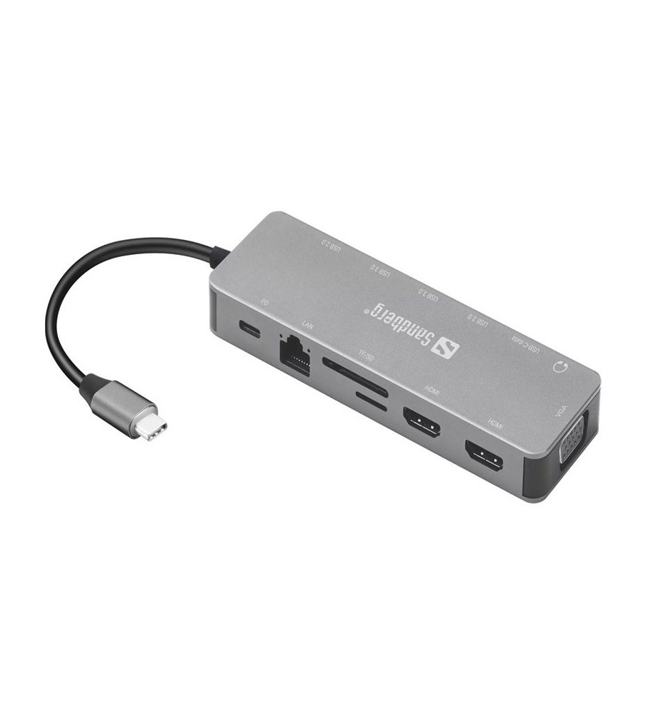 Station d'accueil SANDBERG Dock TRAVEL USB-C 13 en 1 - Gris